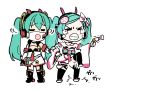  &gt;_&lt; 2girls afterimage aqua_hair black_legwear chibi clenched_teeth commentary coronavirus_pandemic crying detached_sleeves dress dual_persona frown furrowed_eyebrows goodsmile_racing hatsune_miku holding_another&#039;s_arm impact_wrench japanese_clothes lena_(zoal) long_hair mask mouth_mask multiple_girls outstretched_arm racing_miku racing_miku_(2020) shaking_head smiley_face stomping tears teeth thighhighs twintails v-shaped_eyebrows vocaloid white_dress white_sleeves wide_sleeves 