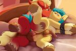 anal anus balls bed blush bodily_fluids cuff_(restraint) drooling duo feral furniture genitals hasbro hi_res hitch_trailblazer_(mlp) holding_leg imadeus kissing male male/male mlp_g5 my_little_pony penis restraints saliva sprout_cloverleaf_(mlp) wrist_cuffs