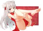  1girl ass chinese_clothes dress feet kagemoe1003 legs_up long_hair looking_at_viewer open_mouth original red_dress red_eyes solo very_long_hair white_hair 
