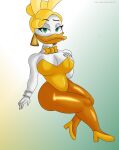  anatid anseriform anthro avian big_breasts bird blonde_hair bow_tie breasts bunny_costume cleavage clothed clothing costume cuffs_(clothing) disney duck ducktales ducktales_(2017) ear_piercing eyelashes fake_ears fake_rabbit_ears feathers female footwear gloves goldie_o&#039;gilt green_background green_eyes hair hand_on_chest handwear hi_res high_heels klr-rio legwear leotard looking_at_viewer orange_clothing orange_legwear orange_tights piercing short_hair simple_background smile solo thick_thighs tights white_background white_body white_clothing white_feathers white_gloves white_handwear wide_hips yellow_bow_tie yellow_clothing yellow_footwear yellow_high_heels yellow_leotard 