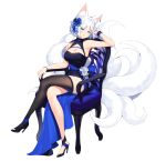  1girl animal_ear_fluff animal_ears arm_up armpits azur_lane bangs bare_legs black_dress black_footwear black_legwear blue_eyes blue_flower blue_nails blue_rose blunt_bangs blush bob_cut breasts cho_yeon26 cleavage cleavage_cutout closed_mouth commission crossed_legs dress earrings eyebrows_visible_through_hair flower fox_ears fox_girl fox_tail full_body hair_flower hair_ornament high_heels highres jewelry kaga_(azur_lane) looking_at_viewer medium_breasts multiple_tails nail_polish on_chair rose short_hair silver_hair single_thighhigh sitting sleeveless sleeveless_dress smile solo tail thighhighs wrist_cuffs wristband 