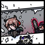 1boy 2girls animal_ears arknights autodefenestration black_border black_legwear border breaking_through_window broken_glass broken_window brown_hair catapult_(arknights) chainsaw chibi commentary_request eyepatch furry furry_male glass grey_hair hat horse_ears hyena_boy hyena_ears jumping kagami_kino multiple_girls popukar_(arknights) short_hair spot_(arknights) thighhighs through_window 