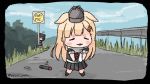  2girls black_ribbon black_serafuku black_skirt blonde_hair chibi closed_eyes commentary_request deerstalker detective_pikachu detective_pikachu_(movie) hair_flaps hair_ornament hair_ribbon hairclip hat kantai_collection long_hair multiple_girls neckerchief parody pleated_skirt poipoi_purin pokemon red_neckwear remodel_(kantai_collection) ribbon road scarf school_uniform serafuku shigure_(kantai_collection) sign skirt solo_focus torpedo white_scarf wrinkled_frown_(detective_pikachu) yuudachi_(kantai_collection) 