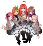  5girls :d ahoge ascot between_legs black_footwear black_ribbon black_scarf blue_eyes bolo_tie boots brown_hair brown_jacket butterfly_hair_ornament commentary_request dress_shirt emblem epaulettes gesture go-toubun_no_hanayome green_ribbon green_shirt grey_pants hair_ornament hair_ribbon hand_between_legs haruba_negi haruba_negi_(style) head_tilt highres invisible_chair jacket knee_boots light_brown_hair long_hair looking_at_viewer medium_hair military military_uniform multiple_girls nakano_ichika nakano_itsuki nakano_miku nakano_nino nakano_yotsuba open_mouth orange_hair pants paradis_military_uniform purple_scarf quintuplets red_hair ribbon scarf shingeki_no_kyojin shirt short_hair siblings side-by-side sisters sitting smile star_(symbol) star_hair_ornament survey_corps_(emblem) thigh_strap uniform white_ascot white_background white_shirt 