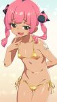  1girl alternate_costume bikini black_eyes black_hair blush breasts commentary_request coral_(pokemon) fang gold_bikini highres looking_at_viewer micro_bikini multicolored_hair navel om_(nk2007) open_mouth pink_hair pokemon pokemon_(anime) pokemon_horizons side-tie_bikini_bottom small_breasts smug solo swimsuit tan thigh_gap twintails two-tone_hair v 