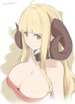  1girl ahoge anila_(granblue_fantasy) bangs blonde_hair blunt_bangs blush breasts cleavage collarbone draph eyebrows_visible_through_hair fur_trim granblue_fantasy horns kichihachi large_breasts long_hair looking_at_viewer sheep_horns short_eyebrows simple_background sketch smile solo thick_eyebrows upper_body white_background yellow_eyes 
