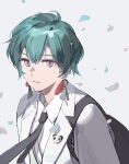  1other 2024 artist_name black_bag black_necktie character_name collared_shirt commentary earrings green_hair grey_background grey_eyes happy_birthday highres jacket jewelry looking_at_viewer looking_to_the_side necktie nijisanji ryuushen shirt short_hair simple_background solo tennohi upper_body virtual_youtuber white_jacket white_shirt 