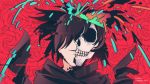  1boy black_hair closed_mouth covered_eyes dororo_(tezuka) explosion glitch grin hair_over_eyes highres hyakkimaru_(dororo) japanese_clothes kimono long_hair looking_at_viewer male_focus ponytail red_background riooo1 signature skeleton skull smile smirk solo torn_clothes 