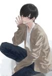  1boy black_hair blue_pants eyebrows_visible_through_hair from_side grey_eyes grey_jacket hand_up highres hirota_tsuu jacket long_sleeves looking_at_viewer male_focus open_clothes open_jacket original pants shirt simple_background sitting sleeves_past_wrists smile solo usuzumi_kei white_background white_shirt 