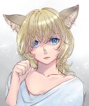  1girl adventurer_(ff11) animal_ear_fluff animal_ears blonde_hair blue_eyes cactus41747280 cat_ears cat_girl clenched_hand collarbone facial_mark final_fantasy final_fantasy_xi gradient_background hair_between_eyes hand_up mithra_(ff11) open_mouth pink_lips short_hair solo upper_body whisker_markings 