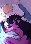  1boy 1girl bed_sheet blush colo_(nagrolaz) colored_skin commentary demon_girl english_commentary faceless faceless_male fang fang_out girl_on_top hair_over_eyes hair_over_one_eye hetero highres lying_on_person nude original paralysis_demon_(colo_(nagrolaz)) patreon_logo patreon_username pillow pink_skin smile sweatdrop under_covers 