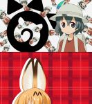  2girls animal_ears aozora_no_rhapsody backpack bag black_eyes black_hair blonde_hair commentary hat hat_feather highres hondarai kaban_(kemono_friends) kemono_friends kobayashi-san_chi_no_maidragon multiple_girls out_of_frame parody plaid plaid_background serval_(kemono_friends) 