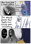 animated_skeleton bone cloak clothing death_(personification) dialogue duo female hand_on_mouth hood hood_up humanoid jenny_jinya life_(jenny_jinya) lips loving_reaper male narrowed_eyes robe skeleton skull skull_head smile spirit starry_hair undead