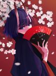  1girl absurdres black_kimono bob_cut branch cherry_blossoms eyeshadow fan_over_face fate/grand_order fate_(series) flower folding_fan hand_fan highres holding holding_fan horns japanese_clothes kimono looking_at_viewer makeup oni purple_eyes purple_hair red_background red_eyeshadow shirai_nana short_hair shuten_douji_(fate) simple_background skin-covered_horns solo wide_sleeves 