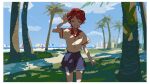  ^_^ beach beach_umbrella blue_shorts character_request closed_eyes cloud cloudy_sky copyright_request day facing_viewer highres landscape ocean outdoors palm-fist_greeting red_hair rii_(mrhc7482) shadow shirt short_hair shorts sky smile tree umbrella white_shirt 
