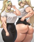  1girl absurdres ass barghest_(fate) biceps blonde_hair breasts cromwellb fate/grand_order fate_(series) green_eyes highres horns large_breasts long_hair looking_at_viewer looking_back multiple_views muscular muscular_female thick_thighs thighs wide_hips 
