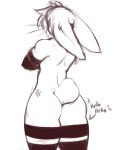  0r0 0r0ch1 anthro athletic athletic_male big_butt big_ears black_markings butt crossed_arms ears_down english_text fur girly greyscale hair lagomorph leg_markings leporid long_ears male mammal markings monochrome multicolored_body multicolored_fur nude pivoted_ears rabbit rear_view simple_background sketch solo standing tattoo text thick_thighs two_tone_body two_tone_fur whiskers white_background white_body white_fur wide_hips 