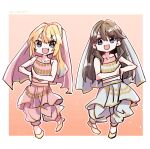  2girls :d baggy_pants blonde_hair blue_eyes blue_hair border brown_hair camisole collarbone commentary crop_top design_speculation fang flats fujishima_megumi full_body gradient_background gradient_hair grey_camisole grey_overskirt grey_pants grey_veil high_ponytail highres kanduki_kamibukuro light_blue_hair link!_like!_love_live! long_hair looking_at_viewer love_live! mahara_jamboree_(love_live!) midriff mira-cra_park! multicolored_hair multiple_girls open_mouth orange_background osawa_rurino outside_border overskirt pants parted_bangs pink_camisole pink_overskirt pink_pants pink_veil purple_eyes sidelocks skin_fang smile song_name symmetry v-shaped_eyebrows veil virtual_youtuber white_border yellow_footwear 