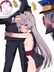 1boy 1girl absurdres black_pants blue_archive blush breasts commentary_request doodle_sensei_(blue_archive) grey_hair hands_on_another&#039;s_head hat height_difference highres hug humanoid_robot korean_commentary long_hair long_sleeves looking_at_another luki_(mina1003517) no_halo no_panties obi pants pointy_ears red_eyes robot sash sensei_(blue_archive) shuro_(blue_archive) sideboob sideless_outfit small_breasts standing sweat translation_request very_long_hair waist_hug white_background 