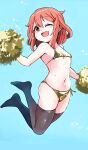  1girl :d bikini breasts brown_hair fang full_body gold_bikini hair_ornament hairclip ikazuchi_(kancolle) jumping kantai_collection one_eye_closed pom_pom_(cheerleading) simple_background small_breasts smile solo sweat swimsuit thighhighs unagiman yellow_eyes 