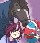  1girl 1other animal_ears creature_and_personification eyepatch horse horse_ears horse_girl multicolored_hair ooishi_oil open_mouth photo-referenced purple_background purple_hair purple_serafuku real_life school_uniform serafuku short_hair simple_background streaked_hair tanino_gimlet_(racehorse) tanino_gimlet_(umamusume) tracen_school_uniform two-tone_hair umamusume white_hair yellow_eyes yogibo 