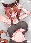 absurd_res animal_humanoid big_breasts blush blush_lines bottomwear breasts brown_hair clothing eyewear female gesture glasses hair hand_gesture hi_res humanoid multicolored_hair muscular muscular_female navel open_mouth open_smile recording red_eyes skeletons62 smile smiling_at_viewer solo tail topwear under_boob unknown_character v_sign white_hair