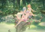  3girls :o all_fours animal aqua_eyes arm_up armpits atdan bare_arms bare_shoulders barefoot blonde_hair blue_hair breasts cangqiong dappled_sunlight day dress food forest fruit hair_rings holding large_breasts light_rays long_hair looking_at_viewer looking_back low_twintails midriff multiple_girls nature open_mouth pond reclining red_eyes revealing_clothes ripples shian_(synthesizer_v) short_dress sleeveless sleeveless_dress sunbeam sunlight synthesizer_v thighs tiger tree twintails very_long_hair water white_dress white_hair white_tiger wide_shot xingchen yellow_eyes 