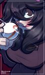  1girl @_@ absurdres black_eyes black_hair boltycat breasts hex_maniac_(pokemon) highres holding holding_poke_ball large_breasts long_sleeves looking_at_viewer open_mouth poke_ball pokemon premier_ball solo sweat upper_body 