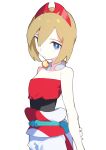 1girl aoi_(altea0923) arm_behind_back blonde_hair blue_eyes closed_mouth commentary_request hairband highres irida_(pokemon) jewelry neck_ring pokemon pokemon_legends:_arceus red_hairband red_shirt sash shirt shorts simple_background solo strapless strapless_shirt waist_cape white_background white_shorts 