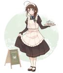  1girl ahoge alternate_costume apron black_dress black_footwear black_hair blue_eyes braid commentary_request cup dress dress_lift enmaided frilled_apron frills full_body hair_flaps hair_over_shoulder kantai_collection long_hair maid maid_headdress mary_janes remodel_(kantai_collection) shakemi_(sake_mgmgmg) shigure_(kantai_collection) shoes sign single_braid solo standing teacup teapot tray waitress white_apron 