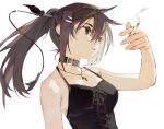  1girl baifeidaiwang bare_shoulders black_collar black_dress breasts brown_eyes brown_hair cigarette collar cross cross_necklace dress hair_ornament hairclip highres holding holding_cigarette jewelry long_hair looking_to_the_side minakami_yuki necklace parted_lips ponytail simple_background small_breasts smoking solo subarashiki_hibi upper_body white_background 