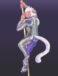 2020 andrew_(cerusserenade) anthro butt clothing dancing digital_drawing_(artwork) digital_media_(artwork) feet full-length_portrait fur glistening glistening_clothing glistening_skinsuit gojiteeth grey_background haplorhine hi_res looking_back macaque male male_anthro mammal monkey old_world_monkey pink_body pink_skin plantigrade pole pole_dancing portrait primate rear_view shaded signature simple_background skinsuit solo stripper_pole tail tan_body tan_skin tight_clothing toes white_body white_fur