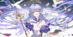  1girl aqua_eyes asymmetrical_gloves bare_shoulders bird breasts cleavage detached_sleeves dress fishnutti floating_hair gloves hair_between_eyes halo head_wings highres honkai:_star_rail honkai_(series) long_hair looking_at_viewer open_mouth pigeon purple_dress purple_hair robin_(honkai:_star_rail) short_sleeves smile solo sparkle teeth two-tone_dress uneven_gloves upper_body upper_teeth_only white_dress white_gloves white_wings wings 