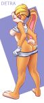  anthro basketball_uniform biped blonde_hair bottomwear breasts butt clothed clothing detra female fur hair handwear hi_res lagomorph leporid lola_bunny looking_at_viewer looking_back looney_tunes mammal multicolored_body multicolored_fur narrowed_eyes nipples open_mouth open_smile partially_clothed rabbit raised_clothing raised_shirt short_hair short_tail shorts shorts_down simple_background smile solo sportswear standing tied_ears topwear uniform warner_brothers 