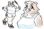 absurd_res alice_(mealhead) anthro athletic_wear bear belly big_breasts biped blue_eyes bottomwear breasts brown_body clothed clothing digital_media_(artwork) eyes_closed eyewear female footwear front_view fur glasses gym_bottomwear gym_shorts happy hi_res looking_at_viewer mammal mature_female mealhead ralph_egg round_glasses running shirt shoes shorts simple_background slightly_chubby smile sneakers solo tank_top thick_thighs three-quarter_view topwear white_background