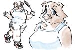  absurd_res alice_(mealhead) anthro athletic_wear bear belly big_breasts biped blue_eyes bottomwear breasts brown_body clothed clothing digital_media_(artwork) eyes_closed eyewear female footwear front_view fur glasses gym_bottomwear gym_shorts happy hi_res looking_at_viewer mammal mature_female mealhead ralph_egg round_glasses running shirt shoes shorts simple_background slightly_chubby smile sneakers solo tank_top thick_thighs three-quarter_view topwear white_background 