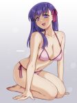  1girl bare_shoulders bikini breasts cleavage collarbone fate/stay_night fate_(series) highres large_breasts long_hair looking_at_viewer matou_sakura navel open_mouth purple_eyes purple_hair smile solo swimsuit symoca 