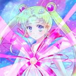  1girl bishoujo_senshi_sailor_moon blonde_hair blue_background blue_eyes blue_sailor_collar brooch closed_mouth collarbone crescent crescent_earrings crescent_facial_mark dot_nose double_bun earrings facial_mark forehead_mark hair_bun henshin highres jewelry long_hair magical_girl parted_bangs pink_ribbon ribbon sailor_collar sailor_moon signature smile solo ten_(uzk_mooon) tsukino_usagi twintails upper_body 