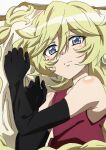  1girl armpit_crease black_gloves blonde_hair blue_eyes braid carol_malus_dienheim dress elbow_gloves gloves hair_between_eyes highres keeemu_(gouf2016) long_hair looking_at_viewer lying mole mole_under_eye red_dress senki_zesshou_symphogear single_braid sleeveless sleeveless_dress solo 