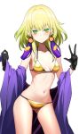  1girl agibe bikini blonde_hair breasts collarbone cowboy_shot duel_monster ear_ornament earrings gloves gold_bikini green_eyes highres japanese_clothes jewelry looking_at_viewer navel noh-p.u.n.k._ze_amin small_breasts solo stomach swimsuit v white_background yu-gi-oh! 