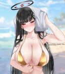  1girl amai-pai armpits bikini black_hair blue_archive breasts closed_mouth drying drying_hair gold_bikini hair_ornament hairclip halo highres large_breasts long_hair looking_to_the_side mole mole_under_eye patreon_username pixiv_username red_eyes rio_(blue_archive) smile solo swimsuit towel upper_body wet wet_hair 
