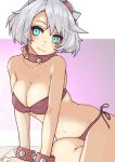  1girl absurdres ahoge bikini blue_eyes bob_cut bracelet breasts collar elphelt_valentine grey_hair guilty_gear guilty_gear_strive hairband highres jewelry large_breasts pink_bikini pink_hairband short_hair solo spiked_bracelet spiked_collar spiked_hairband spikes sugajyun swimsuit white_hair 