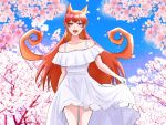  1girl :d azazel_ameri bare_shoulders blue_sky cherry_blossoms clothes_lift dress dress_lift flower hair_horns long_hair mairimashita!_iruma-kun outdoors red_eyes red_hair sky smile solo tree user_fzwg8553 very_long_hair white_dress 