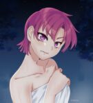  1girl bare_shoulders bazett_fraga_mcremitz breasts clenched_teeth collarbone fate/hollow_ataraxia fate_(series) highres large_breasts looking_at_viewer pink_eyes purple_hair short_hair solo symoca teeth towel 