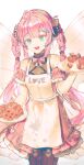  1girl absurdres ahoge apron aqua_eyes banana banana_slice bare_shoulders black_ribbon braid cawfy cookie croissant dessert dress fairy_wings fang food fruit hair_ribbon heart heart_ahoge highres holding holding_plate kokoromo_memory long_hair open_mouth phase_connect pink_dress pink_hair plate pointy_ears ribbon simple_background sketch skin_fang smile solo strawberry twintails very_long_hair virtual_youtuber white_apron white_background wings 