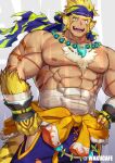  1boy :p abs animal_ears animal_hands another_eidos-r armlet bandaged_arm bandages bara beard_stubble blonde_hair blue_pants chest_tuft clothing_cutout covered_abs cowboy_shot facial_hair fangs flame_print furry furry_male hand_on_own_hip headband highres jewelry large_pectorals looking_at_viewer magatama magatama_necklace male_focus midriff_sarashi muscular muscular_male mutton_chops necklace nipples open_mouth pants pectorals pugi_(another_eidos) sample_watermark sarashi solo stubble tail thick_arms thick_eyebrows thigh_cutout tiger_boy tiger_ears tiger_stripes tiger_tail tongue tongue_out topless_male twitter_username waku_(ayamix) watermark yellow_eyes 