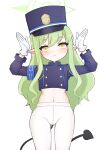  1girl absurdres arm_up armpits belly blue_archive blush chef_rat closed_mouth gloves green_hair halo hat highres hikari_(blue_archive) long_hair long_sleeves looking_at_viewer pantyhose shirt simple_background solo tail white_background yellow_eyes 