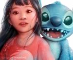  2020 alien ambiguous_gender black_hair blue_body blue_fur blue_nose brown_hair clothed clothing disney duo experiment_(lilo_and_stitch) female fur hair head_tuft human lilo_and_stitch lilo_pelekai long_hair looking_at_viewer male_(lore) mammal muumuu open_mouth open_smile realistic simple_background smile stitch_(lilo_and_stitch) tuft vandaj95 watermark white_background 