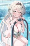  1girl absurdres armpit_crease bikini blurry blush bokeh breasts cleavage depth_of_field firefly_(honkai:_star_rail) flying_sweatdrops glint grey_hair hairband halterneck highres honkai:_star_rail honkai_(series) index_fingers_together jim199909 large_breasts long_hair looking_at_viewer multicolored_eyes nervous_sweating nose_blush pool side-tie_bikini_bottom solo squatting sweat swimsuit thigh_strap very_long_hair wet 
