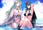  2girls bare_shoulders beach bikini black_bikini black_cape blue_eyes blue_hair blue_sky blush breasts byleth_(female)_(fire_emblem) byleth_(female)_(summer)_(fire_emblem) byleth_(fire_emblem) cape cleavage closed_mouth cloud collarbone commentary_request day fire_emblem fire_emblem:_three_houses fire_emblem_heroes flower green_eyes green_hair hair_between_eyes hair_flower hair_ornament hand_on_own_chest hand_up kneeling large_breasts long_hair looking_at_viewer midriff multiple_girls navel ocean official_alternate_costume outdoors revision rhea_(fire_emblem) rhea_(summer)_(fire_emblem) ribbon sidelocks sitting sky smile sparkle swimsuit tiara tsukimura_noe water weapon white_bikini wrist_ribbon 